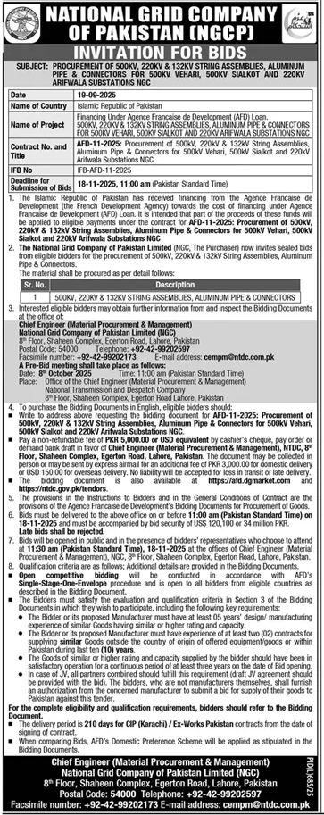 National Grid Company of Pakistan Lahore Tender Notice